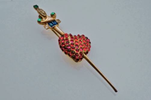 Coro heart pin, vermeil gold gilt sterling silver, Adolph Katz, 1950`s ca, American